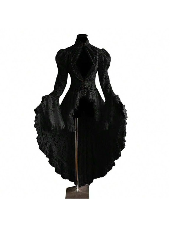 Black Vintage Gothic Ball Gown, Womens Stand Collar Lace Patchwork Party