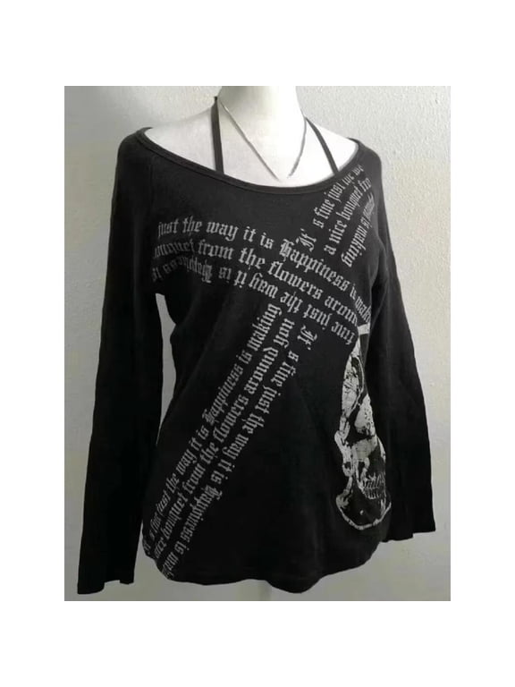 Black Vintage Gothic T-shirts Women Y2k Black Punk Graphic Hoodie Grunge Retro Sexy V-neck Cotton Tees Aesthetic Harajuku Top