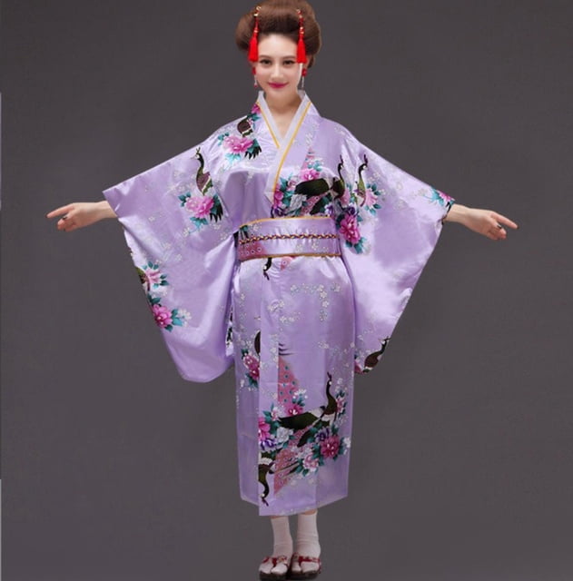 Black Vintage Japanese Ladies Kimono Bath Gown Women‘s Faux Silk Yukata ...