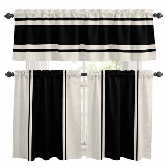 Black Vintage Kitchen Curtains Sets for Windows 24 Inch Length, Geometric Stripes Simple Lines Rod Pocket Window Treatments Tier Curtains and Valances Set for Bedroom/Bathroom