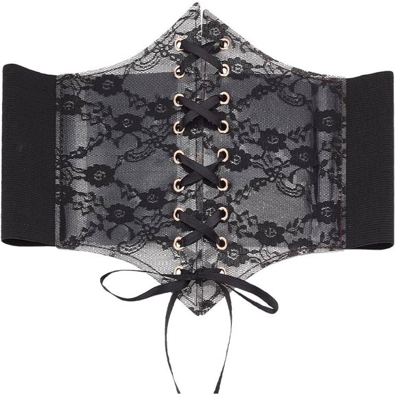 Black Vintage Lace-up Elastic Wide Corset Waist Belt for DIY Women Transparent Lace Crochet Petal Ribbon Tied Waspie Belt for DIY Party Club Prom Dress Shirts Clothing Costume Waistband