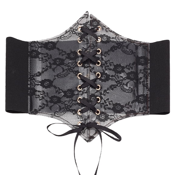 Black Vintage Lace-up Elastic Wide Corset Waist Belt for Women Transparent Lace Crochet Petal Ribbon Tied Waspie Belt for Party Club Prom Dress Shirts Clothing Costume Waistband DIY Making