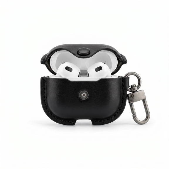 Black Vintage Leather AirPods Case with Brass Hardware Clip for AirPods 4th Generation