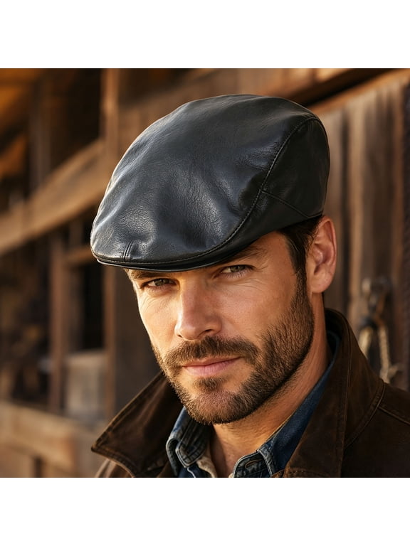 Black Vintage Leather Flat Cap Adjustable Newsboy Ivy Cap Retro Casual Driving Beret Hat For Men