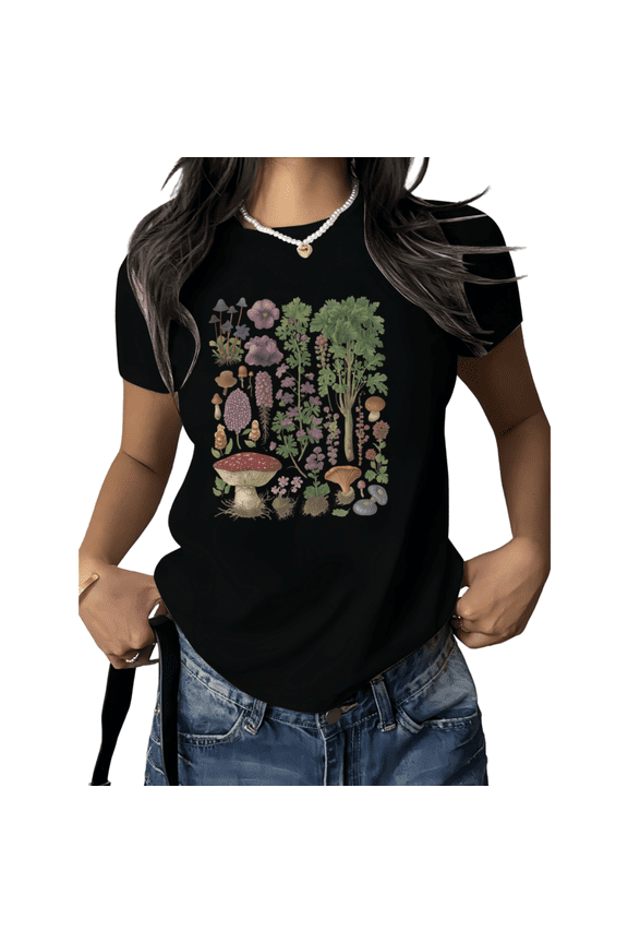 Black Vintage Mushroom Botanical Print Tshirt Graphic Tees Shirts Forest Cottagecore Aesthetic S 5XL Tops