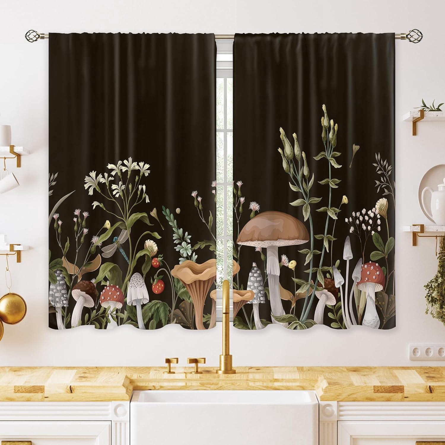Black Vintage Mushroom Kitchen Curtains - 27.5"x39" Each Panel, Set Of 2, Rustic Botanical Tier For Small Window, Bathroom, Cafe