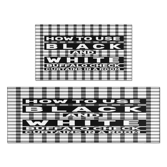 Black Vintage Plaid Text Rugs and Mats Non Skid Washable Absorbent Microfiber Soft Kitchen Mat for Floor Set Of 2 Decor Stain Resistant 17"x47"+17"x30"