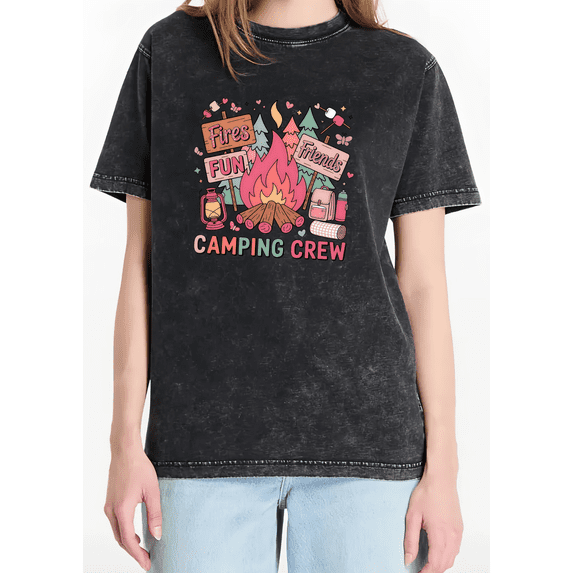 Black Vintage Print Tshirt Graphic Tees Shirts Fires Fun Friends Camping Crew Outdoor Trip Pattern BFF Matching Outfits For Summer Camp Casual Tops S-2XL