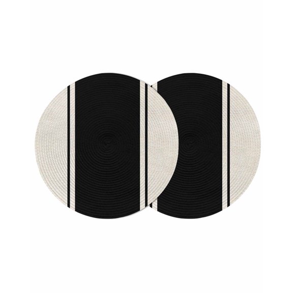 Black Vintage Round Placemats Set of 2 for Dinning Tables,Heat-proof Braided Table Mats 13 Inch,Geometric Stripes Simple Lines Washable Place Mat for Kitchen Restaurant Party Decor Table Setting