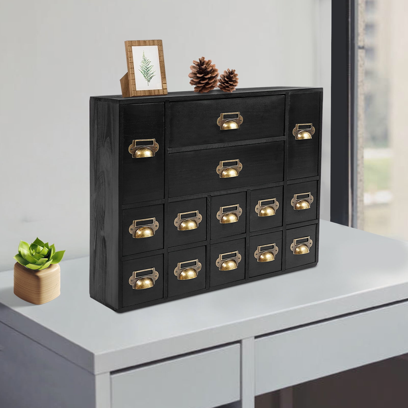 Black Vintage Storage Cabinet Wooden Organizer w/ 14 Drawers FreeStanding For Various Small Crafts, A Kitchen Organizer