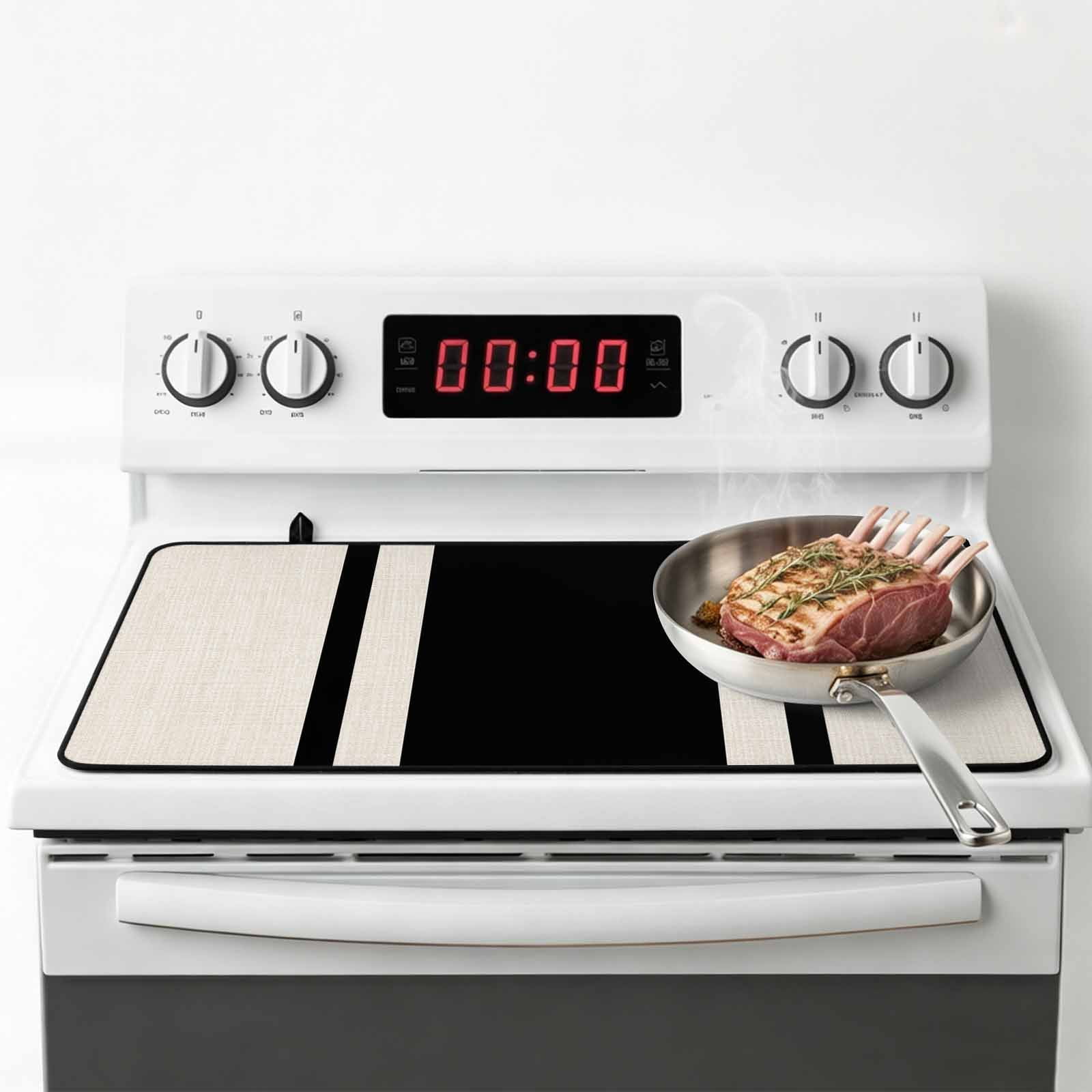 Black Vintage Stove Top Cover for Electric Stove, Heat-proof & Non Slip Glass Top Stove Cover Protector, Geometric Stripes Simple Lines Kitchen Flat Cooktop Rubber Mat 24x21 Inches