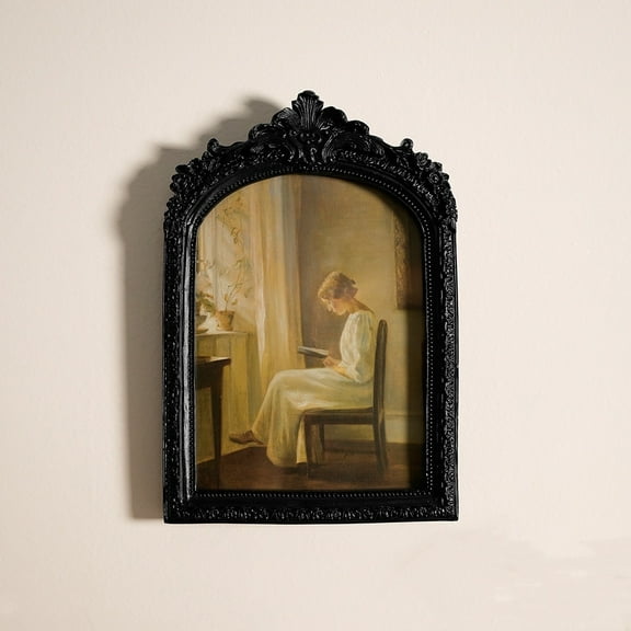 Black Vintage Vanity Desk Makeup Mirror Antique Decorative Wall Mirror,Resin Carved Arch Table Mirror with Stand for Living Room,Bedroom Dresser,Desktop Decor 6" x 8"