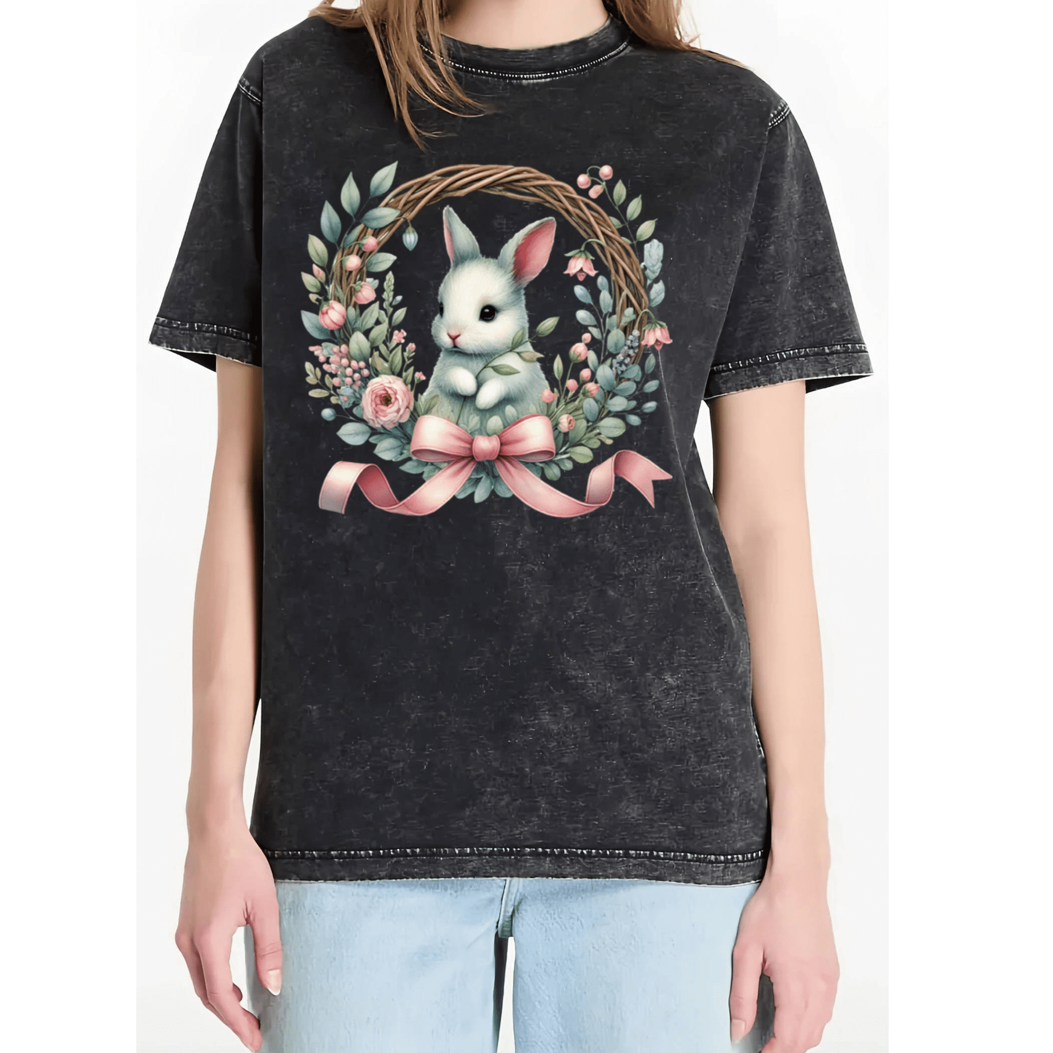 Black Vintage Wash Cute Bunny Floral Wreath Pink Bow Spring Easter ...