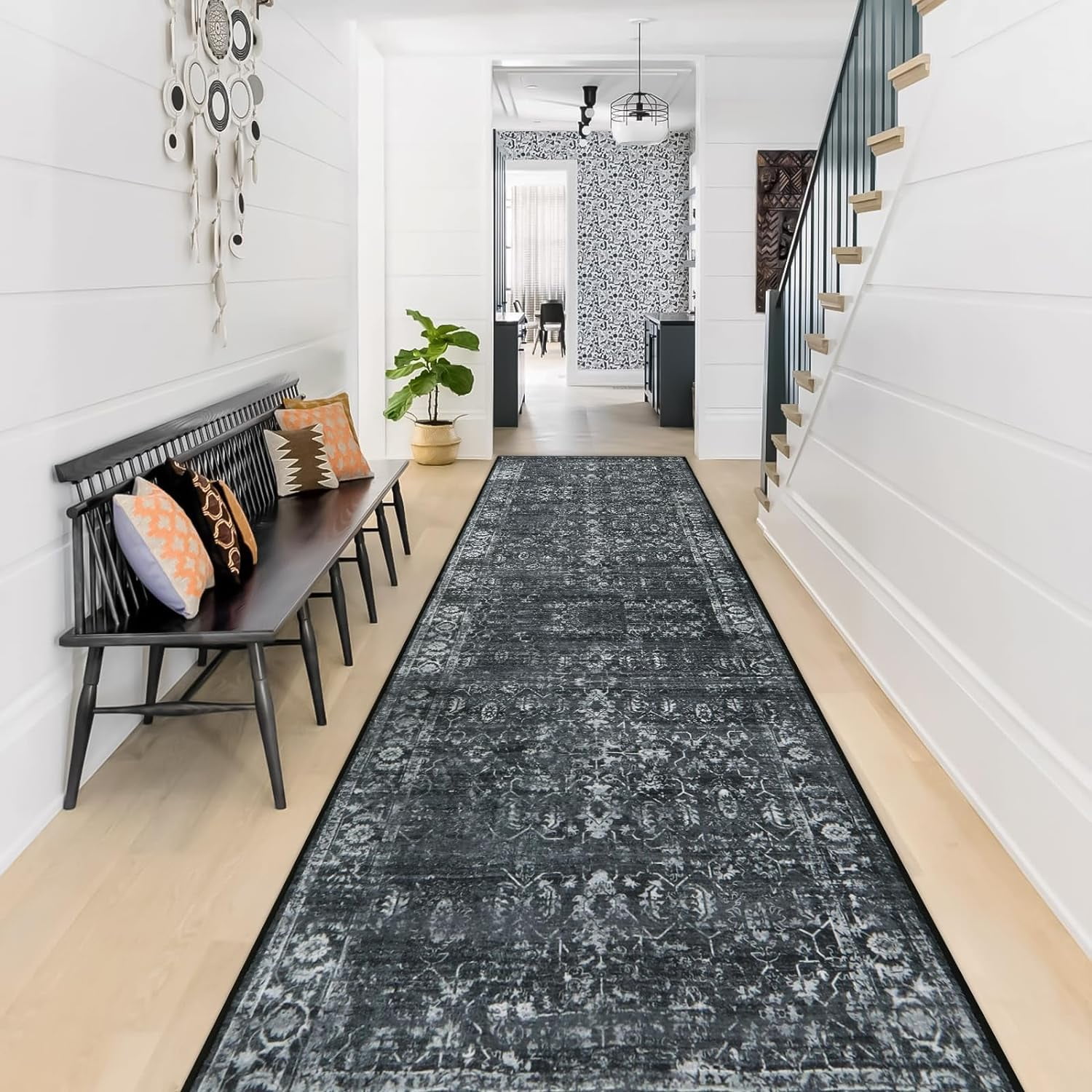 Lahome Washable Jute Runner Rug 2'6x8 - Non-Slip Kitchen Hallway Rug, Black Tribal