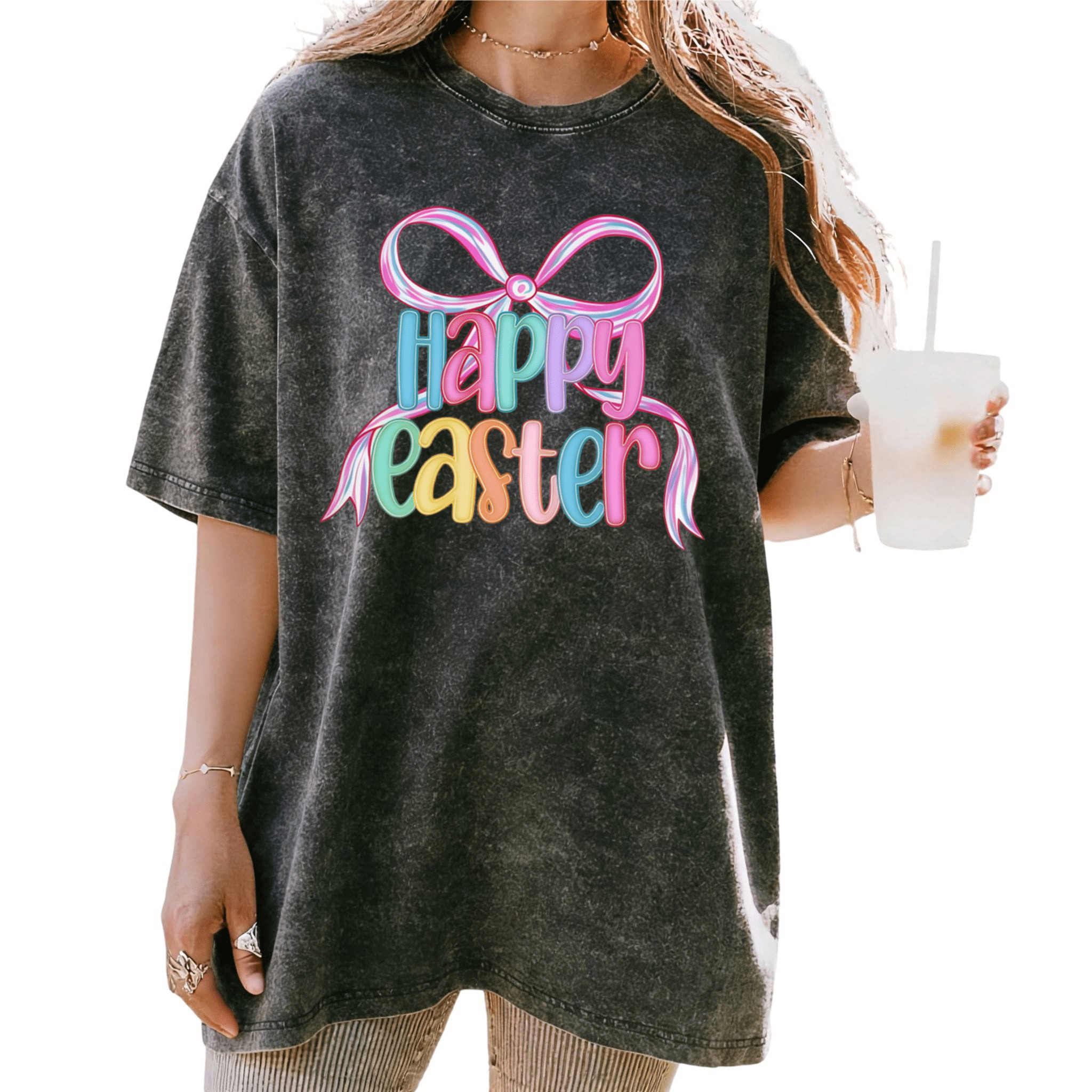 Black Vintage Washed Happy Easter Coquette Bow Print Tshirt Graphic ...