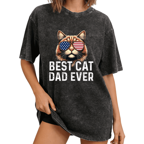 Black Vintage Washed Patriotic Cat Dad Trendy Tshirt Printed Tees Shirts Cat Lover 4th Of July Gift Casual Vacation S-2XL Tops