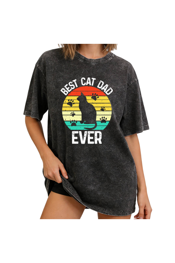 Black Vintage Washed Retro Cat Dad Print Tshirt Graphic Tees Shirts Cat Lover Funny Cat Owner Gift Casual Wear S 2XL Tops