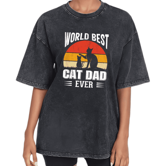 Black Vintage Washed World Best Cat Dad Ever Cat Graphic Print Tshirt Graphic Tees Shirts Funny Cat Lover Fathers Day Gift S 2XL Tops