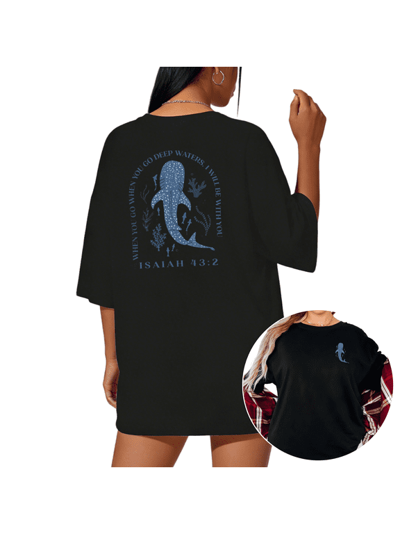 Black Vintage Whale Shark Marine Print Tshirt S-5XL Graphic Tees Shirts Summer Tops
