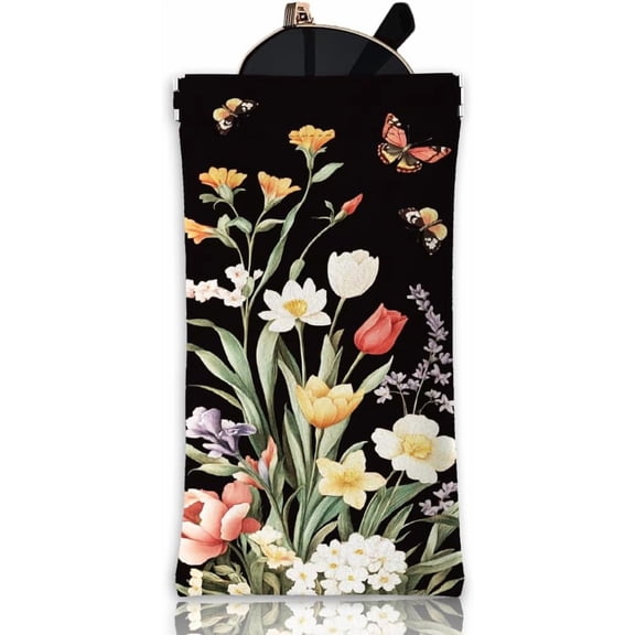 Black Vintage Wildflowers Soft Glasses Case Vintage Botanical Illustration Squeeze Top Eyeglass Case Travel PU Leather Sunglass Case Portable Sunglasses Pouch for Women Men