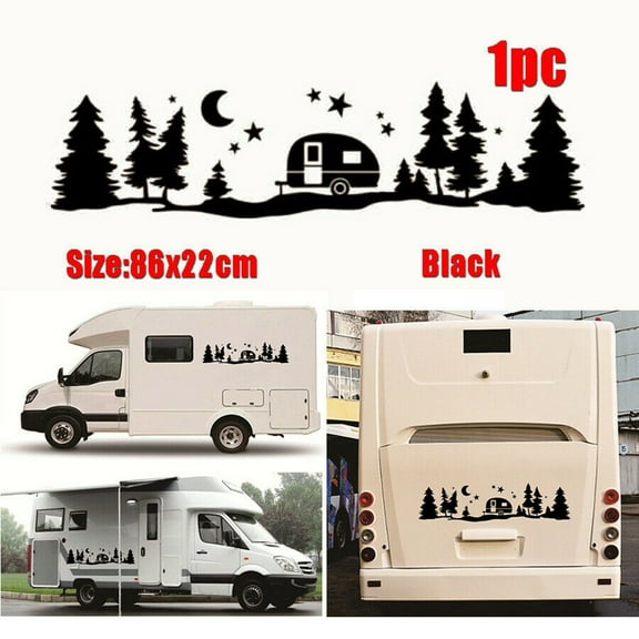 Black Vinyl Car RV for Camper Sticker for Motorhome, Star Moon Tree Graphic Decal, Weatherproof Washable Bubble-Free Air Release Design, Easy Apply Remove No, 86x22cm