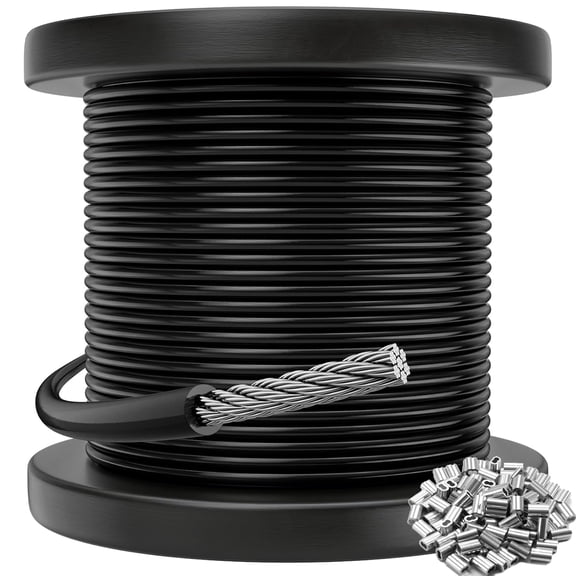 Black Vinyl Coated Cable - 304 Stainless Steel Wire Rope 1/16 Inch Overmolded to 3/32 Inch for Outdoor Hanging DIY Projects String Lights Trellis Clothesline 100ft