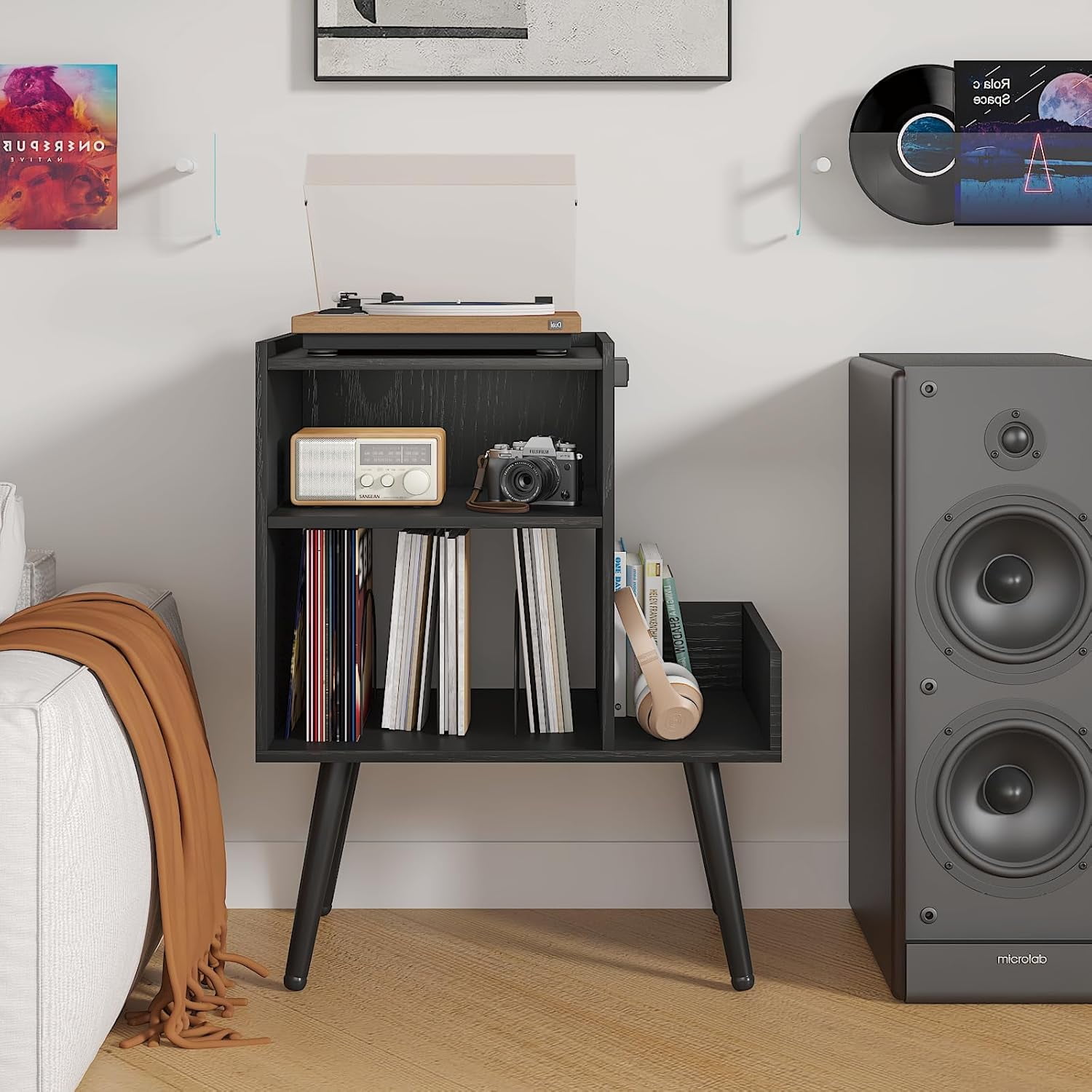 Black Vinyl Record Player Stand Turntable Stand w/Outlet Album ...