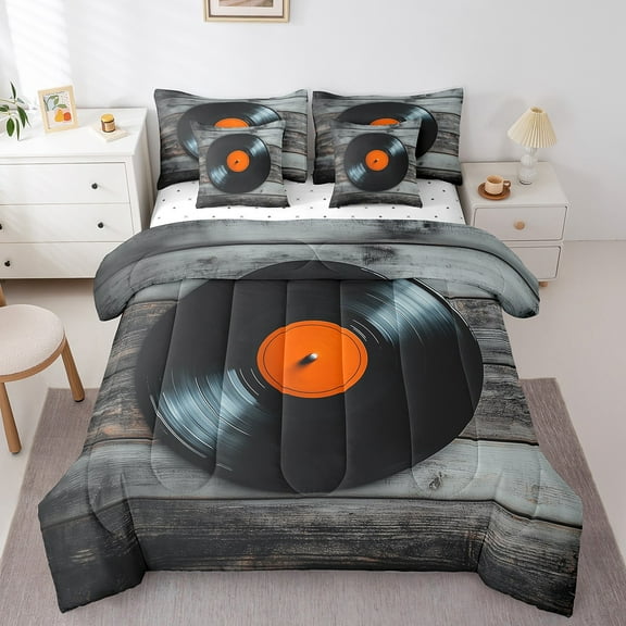 Black Vinyl Records Twin Bed In A Bag Vintage Cb Disc Print Comforter 7 Pieces,Musci Vinyl Bedding Set Retro Decor Sheet Set With Comforter for Teens Woman Men Home