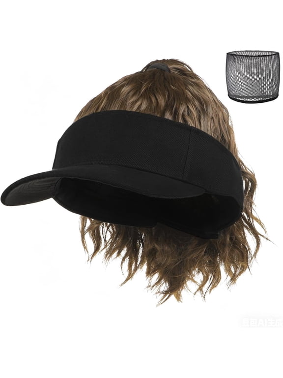 Black Visor Hat Wig for Women High Ponytail Baseball Cap with Synthetic Curly Hair Attached Adjustable Golf Sun Hat
