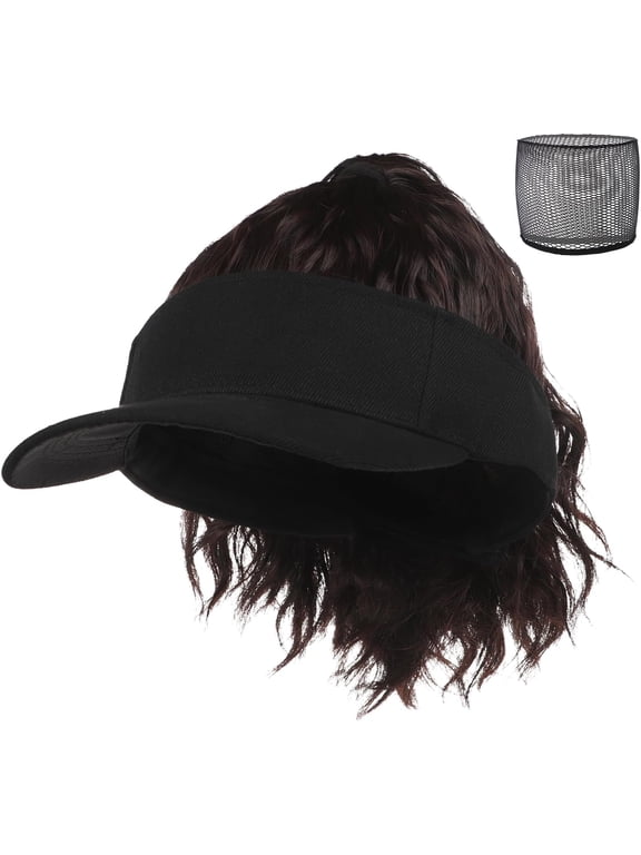 Black Visor Hat Wig for Women High Ponytail Baseball Cap with Synthetic Curly Hair Attached Adjustable Golf Sun Hat