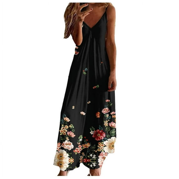 Black Vneck Sun Dresses for Women Summer Fall Sleeveless Slip Floral Graphic Maxi Long Loose Fit Casual Dresses Sun Dresses Women 2025 Clothing Fashion XL