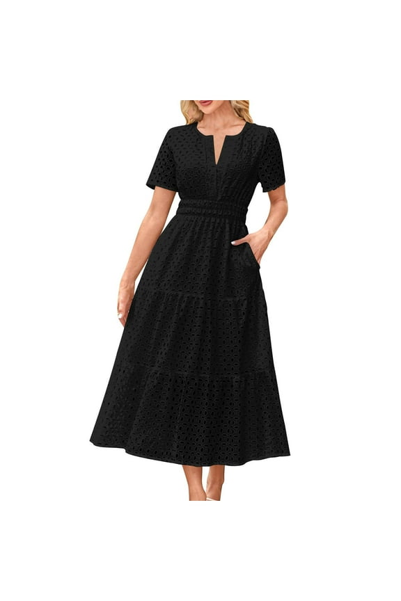 Black Vneck for Women Fall Summer Sleeveless Short Sleeve Graphic Maxi Long Loose Fit Long Casual Keyhole Eyelet Ruched Elastic Waist Plain Dresses Ladies 2025 S