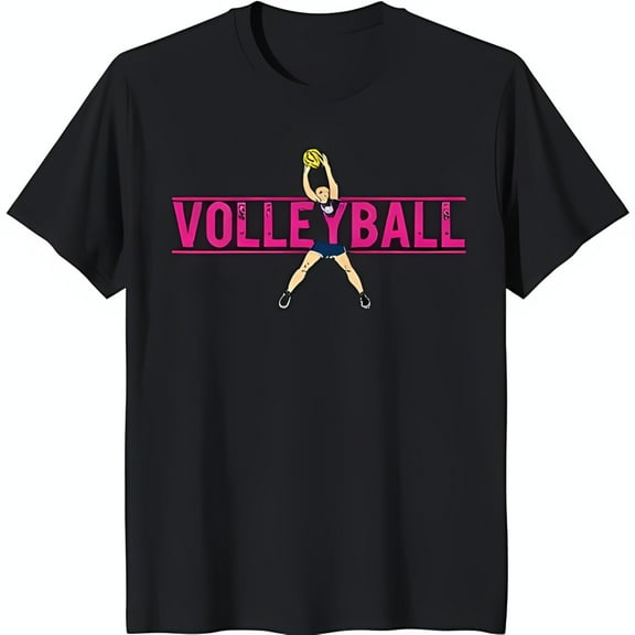 Black Volleyball T-Shirt with Pink 'VOLLEYBALL' Text & Female Player