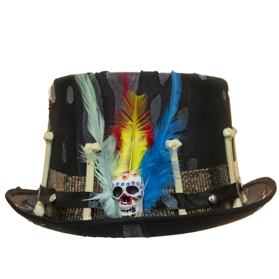 Black Voodoo Top Hat w/ Feathers, Skull & Faux Snake Band