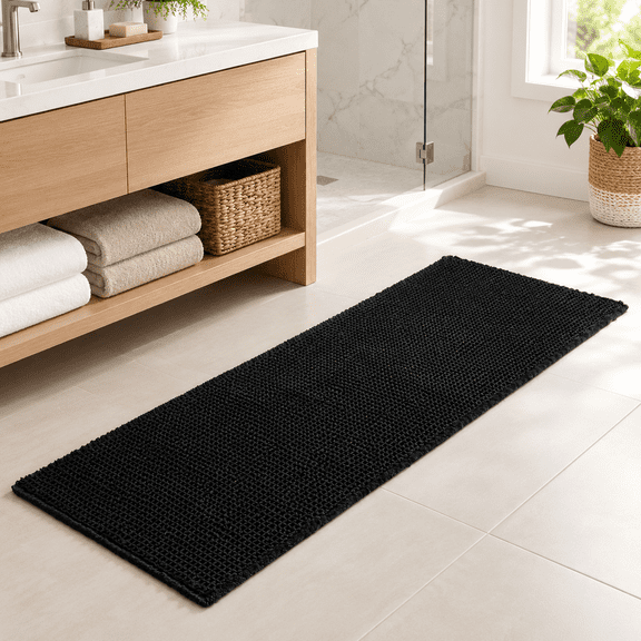 Black Waffle Runner Rug Bathroom Long Boho Bath Mat 72x24