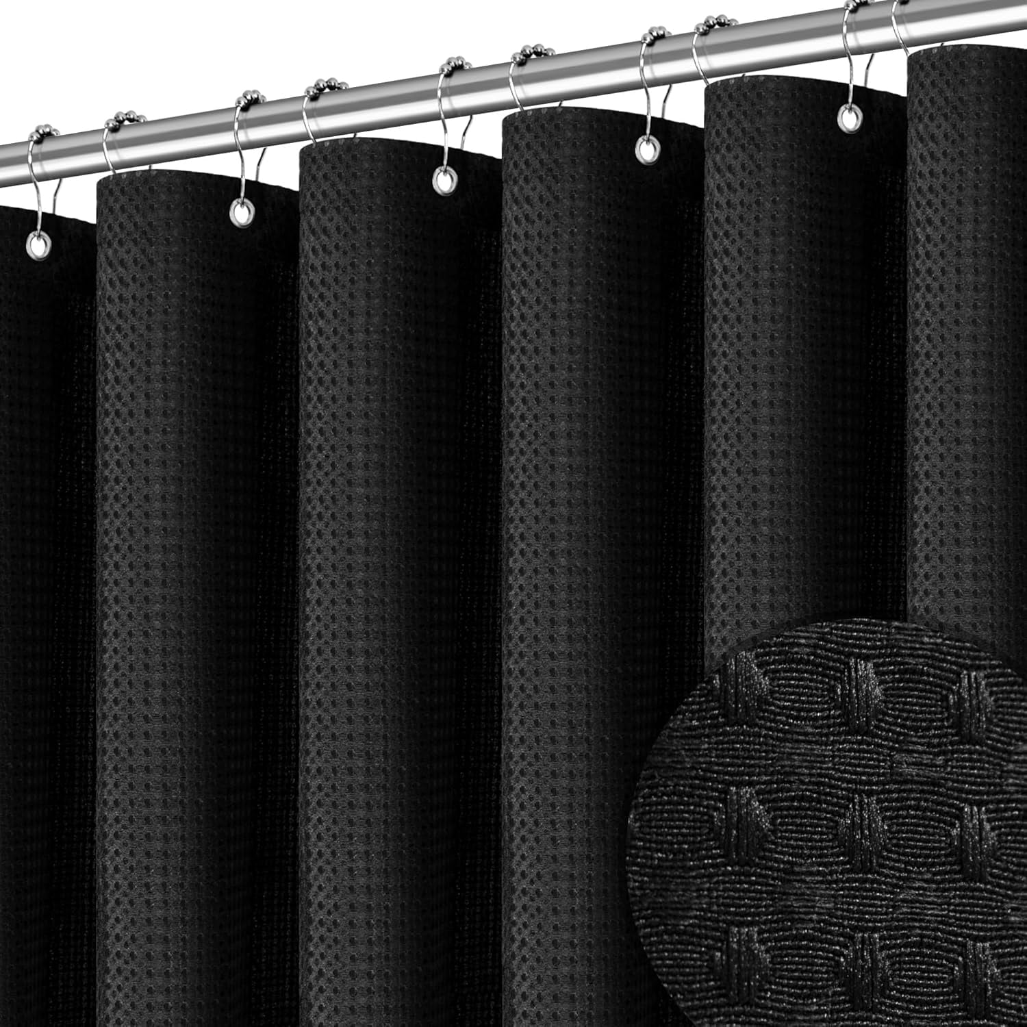 Black Waffle Textured Shower Curtain, 256GSM Heavy Duty Weighted Fabric