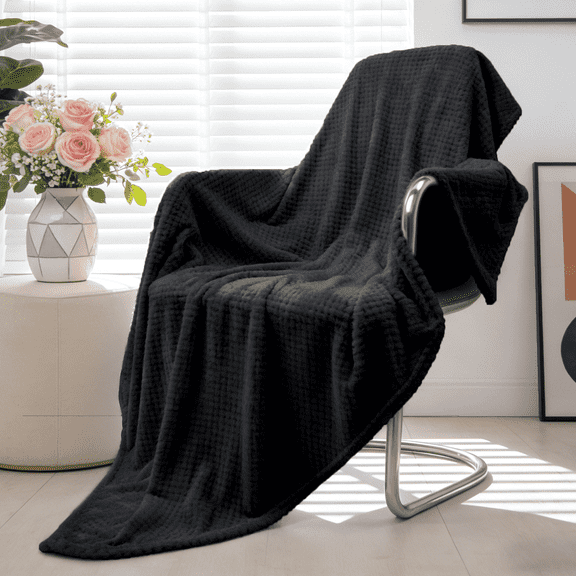 Throw Blanket, 260GSM Soft Jacquard Blanket for Couch, Waffle Weave Fuzzy Throws for Home Decor, Lightweight and Warm Bed Blankets for Bed Sofa Office Travel, Black