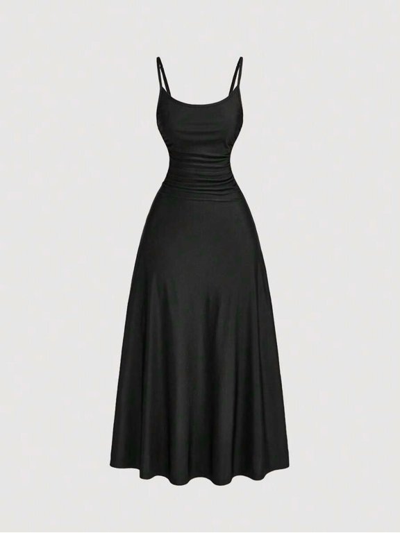 Black Waist Ruched A-Line Slip Dress For Women, Tea-Length Summer Swing Dress