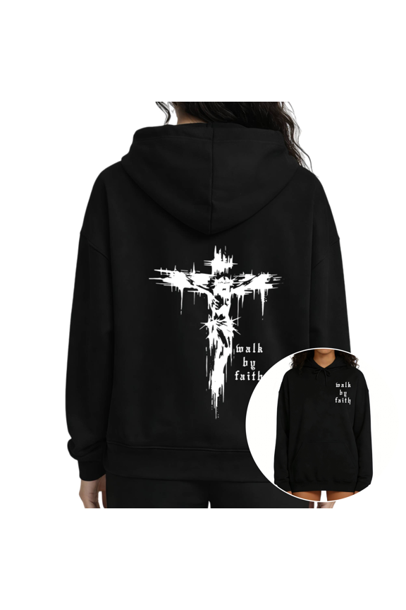 Black "Walk by Faith" Abstract Cross Back Print Hoodie Women's Oversized Loose Fit Christian Faith Aesthetic Pullover Hoodie Tops S-2XL