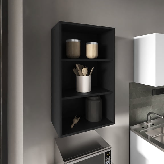 Black Wall Cabinet, 36" High. 3 Shelves For Generous Storage Capacity. Compact Design Small Kitchen Environments. Crafted From Engineered Wood. Ideal Organizing Staples. To Save Floor Space. Readily