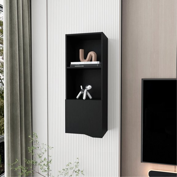 Black Wall Cabinet | Functions as Storage and Decor in Primary Living Area | Particle Board Craftsmanship | Keeps Personal Items Secure