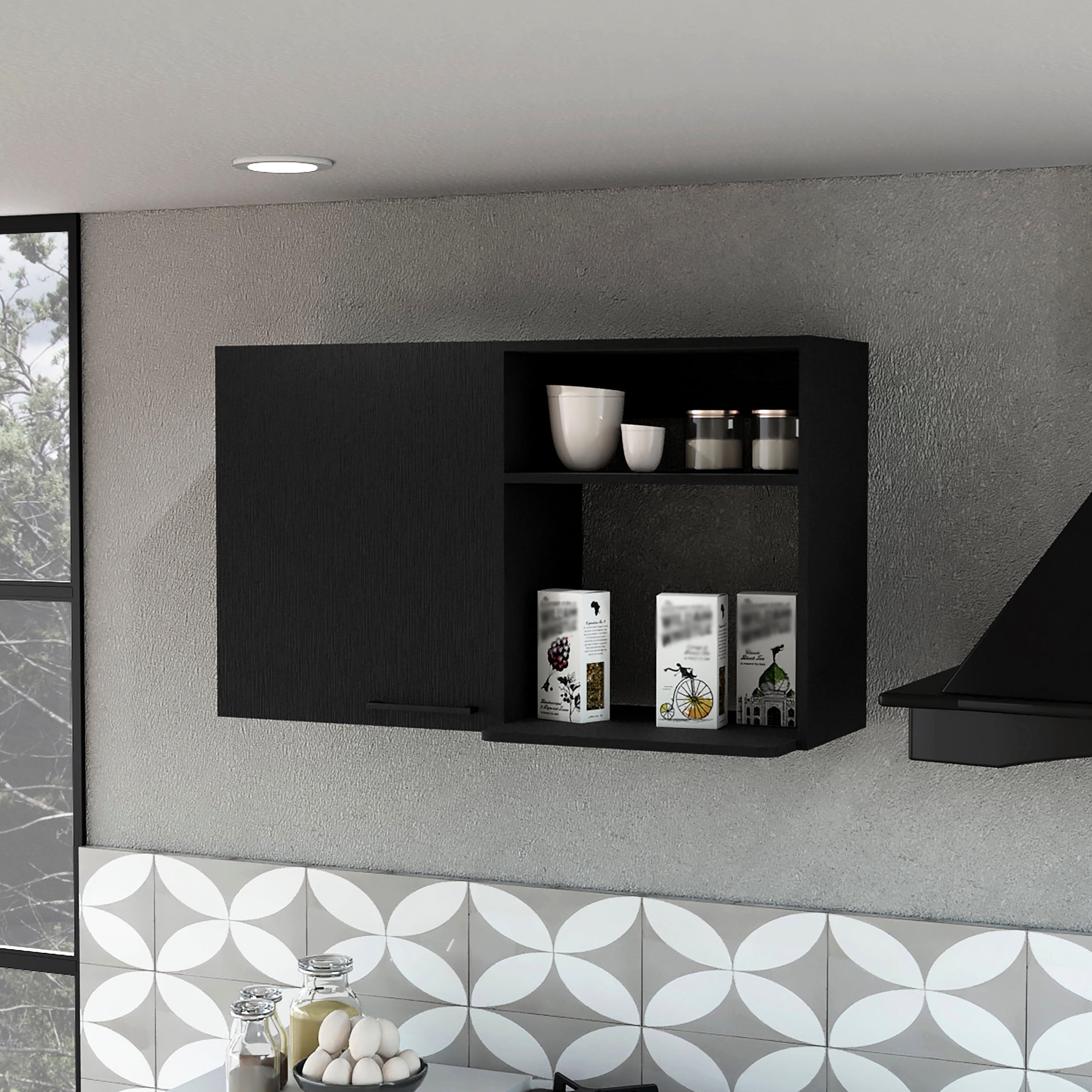 Black Wall Cabinet For Kitchen - 2 Tier Shelves, Metal Handle ...