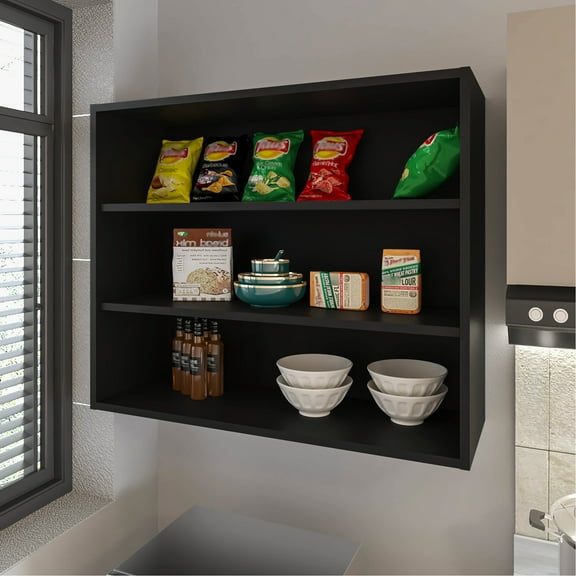 Black Wall Cabinet - Model With Open Storage Spacious Shelves For Kitchen Essentials, Scratch- 3 Shelves, Scratch-, Space Saving