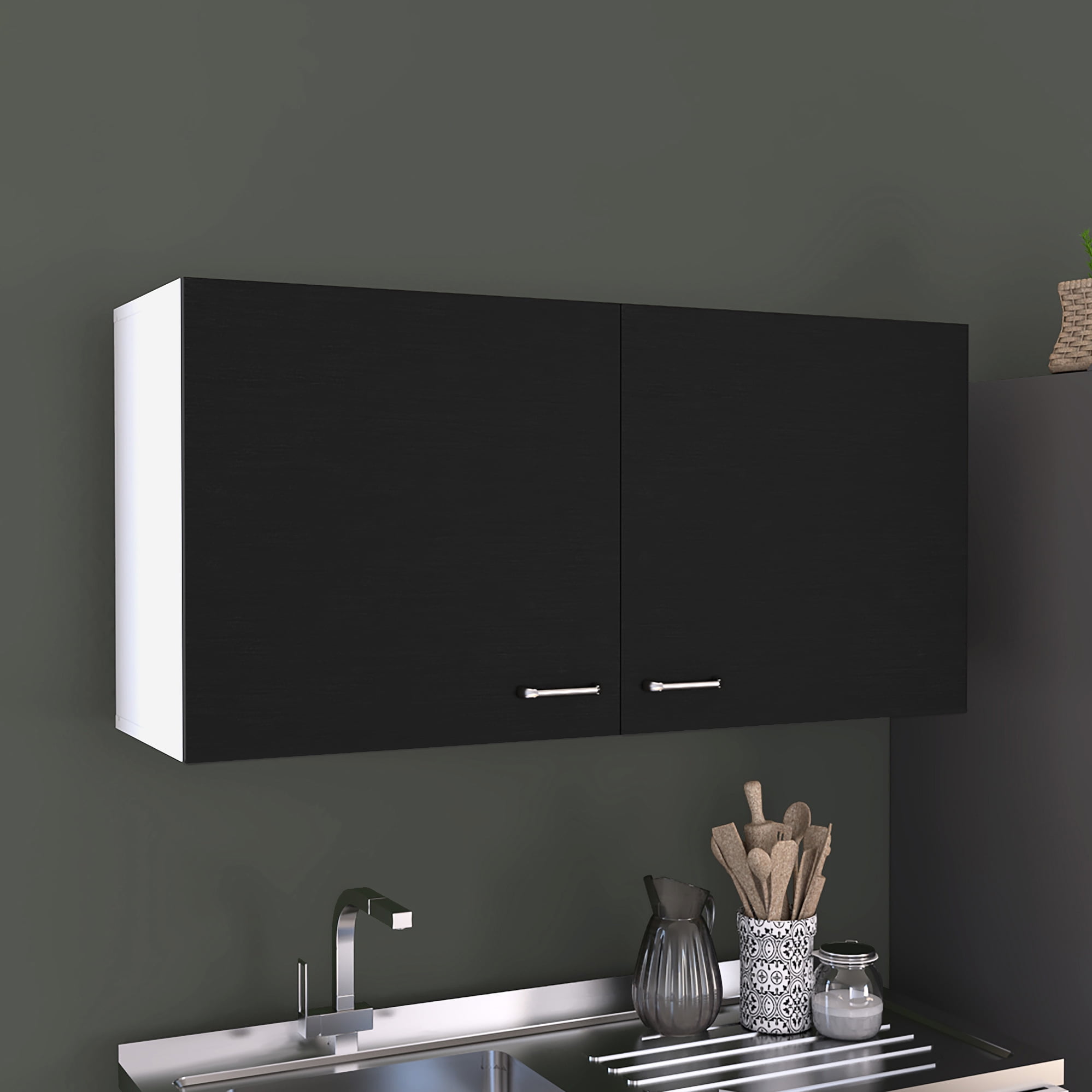 Black Wall Cabinet With 2 Shelves And Double Door - Efficient Storage ...
