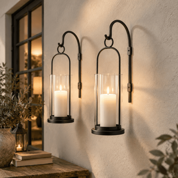 Black Wall Candle Sconces 2-Pack Modern Lantern Candle Holders
