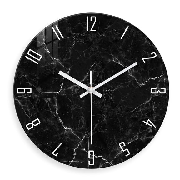 Black Marble Glass Silent Wall Clock Battery Operated 12 Inch