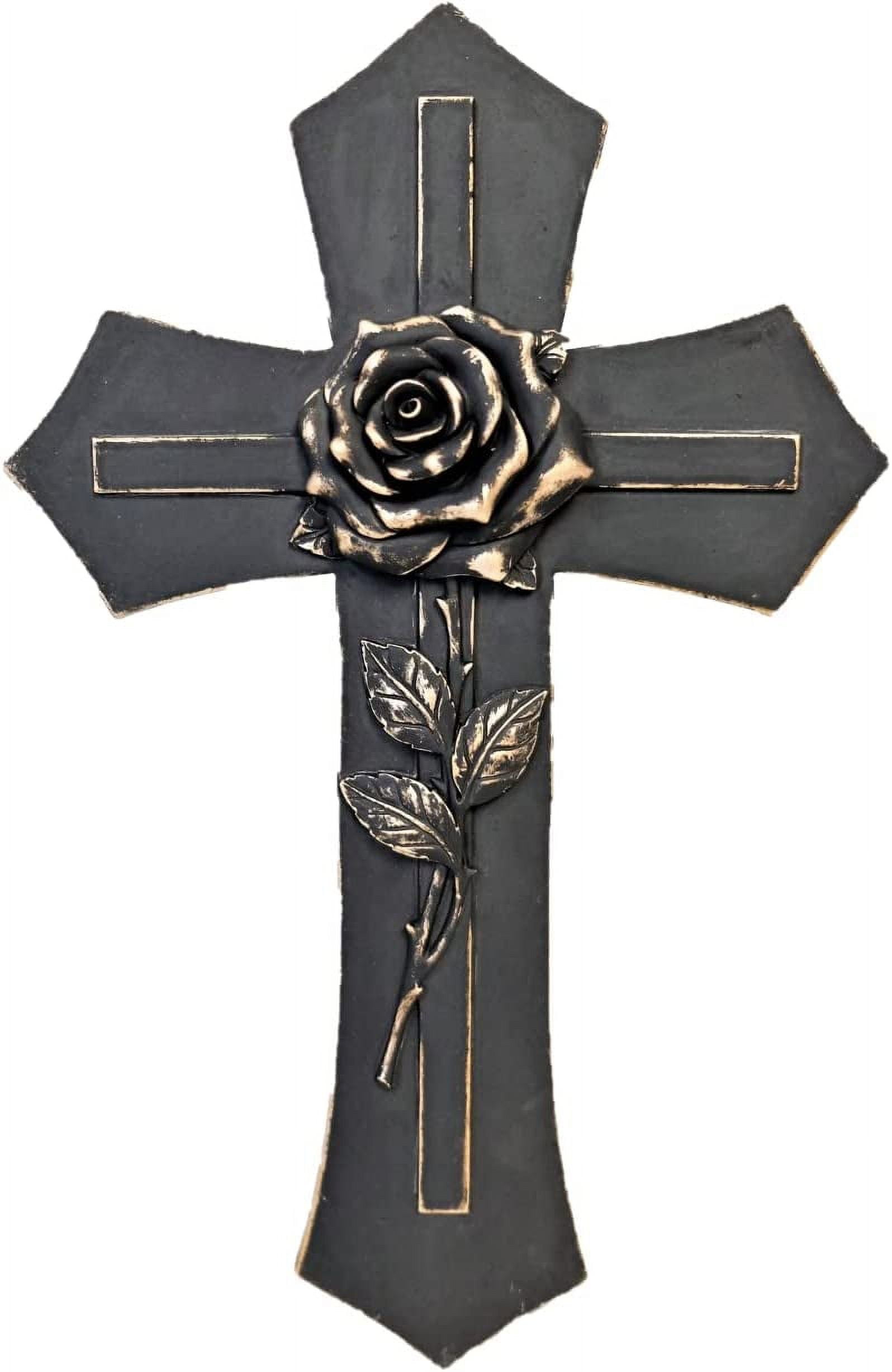 Black Wall Cross with Golden Tone Rose Spiritual Wall Art Decoration