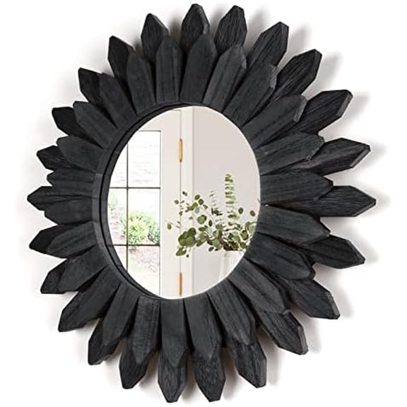 Black Wall Decor Wall Mirror 12 inch Boho Wall Decor Wood Decorative Mirror for Room Decor Home Decor for Bedroom Living Room Bathroom Kitchen Black