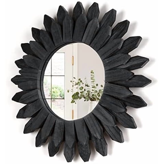 Black Wall Decor Wall Mirror 12 inch Boho Wall Decor Wood Decorative Mirror for Room Decor Home Decor for Bedroom Living Room Bathroom Kitchen Black