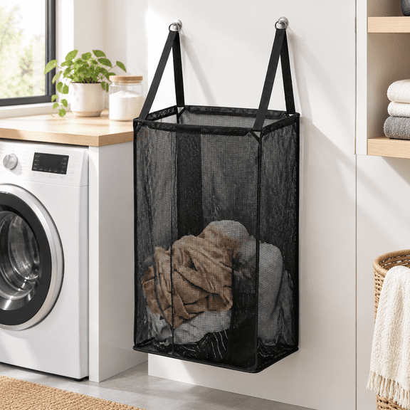 Black Wall Hanging Laundry Hamper with Big Metal Support, Fabric Laundry Basket
